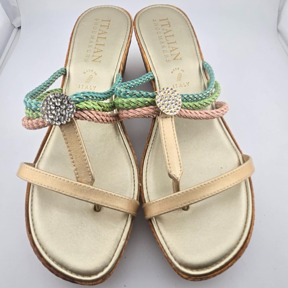 Italian Shoemakers Rhinestone Braided Wedge Sandals Tan Women’s 10